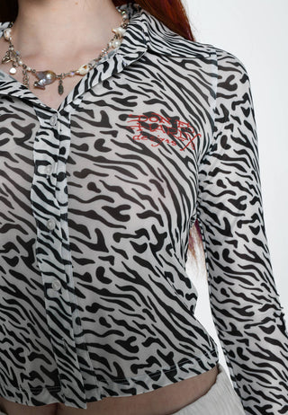 Camisa con estampado de cebra de malla Love-Is-Mystery para mujer - Negro