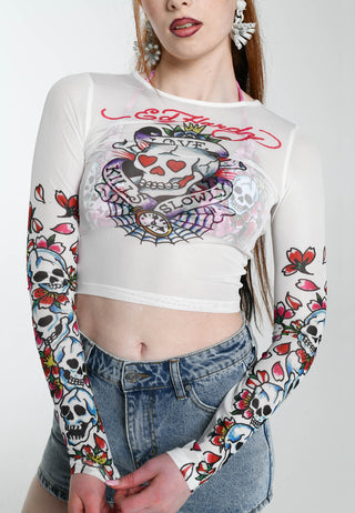 T-shirt a maniche lunghe in rete Love-Kills-Slowly da donna - Bianca