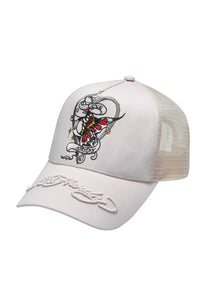 Cappellino trucker unisex in rete frontale in twill con farfalla misteriosa - rosa