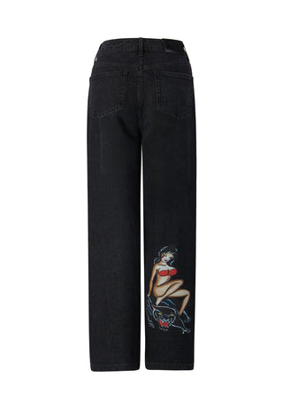 Damskie jeansowe spodnie Panther Siren o swobodnym kroju - czarne