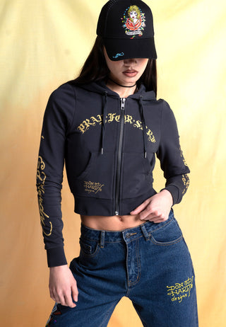 Dame Pray-For-Surf Cropped Zip Through Hoodie - Charcoal