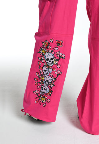 Damskie spodnie bojówki Skull Blossom - różowe