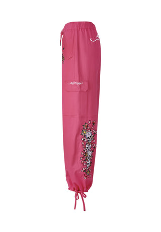 Womens Skull Blossom Cargo Pants Trousers - Pink