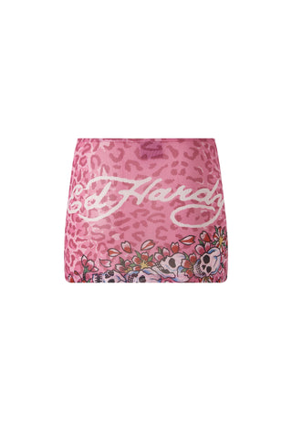 Minifalda de malla con estampado de calavera y flores para mujer - Rosa