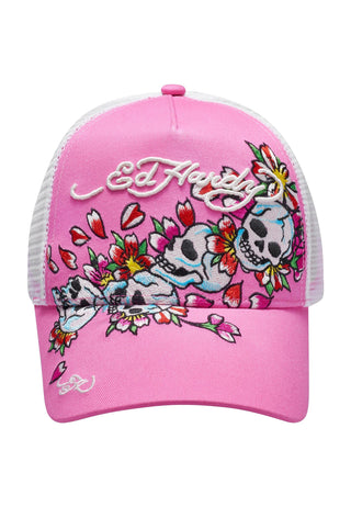 Cappellino trucker unisex in rete frontale in twill Skull-Blossom - rosa