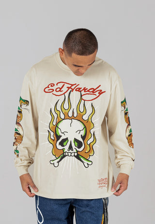 Skull-Flame Langermet T-skjorte for menn - Ecru