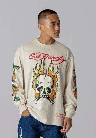 Camiseta masculina de manga comprida Skull-Flame - Cru