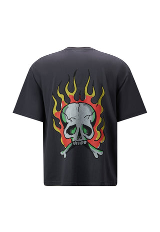 T-shirt da uomo con teschio e fiamma - nera
