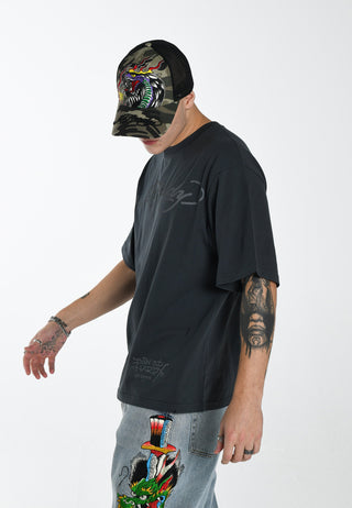 Męska koszulka z motywem czaszki i płomieni – czarna