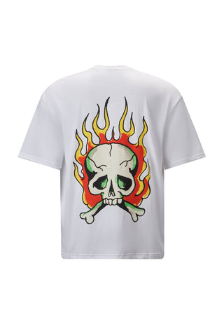 Herren-T-Shirt mit Totenkopf-Flame-Motiv – Weiß