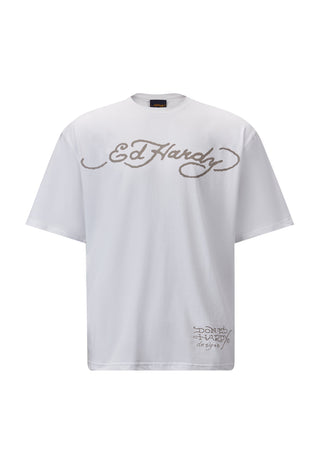 T-shirt da uomo con teschio e fiamma - bianca