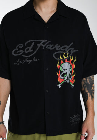 Heren Skull-Flames Camp-shirt - Zwart