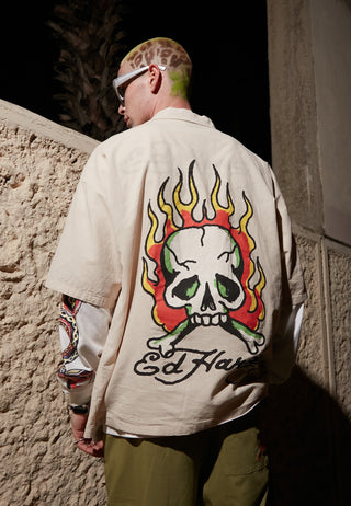Herre Skull-Flames Camp Shirt - Ecru