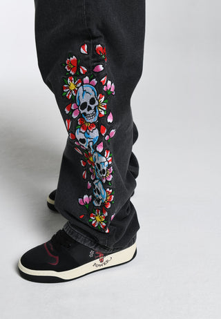 Jeans larghi con teschio e fiori da donna - neri