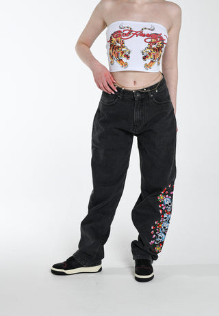 Dame Skull-Flower-Baggy Jeans - Sort