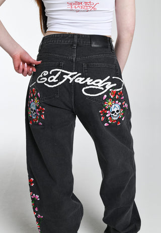 Damskalle-Flower-Baggy Jeans - Svart