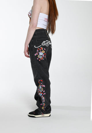Totenkopf-Blumen-Baggy-Jeans für Damen – Schwarz