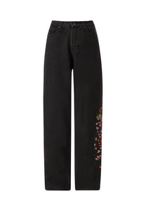 Damehodeskalle-blomster-baggy jeans - svart