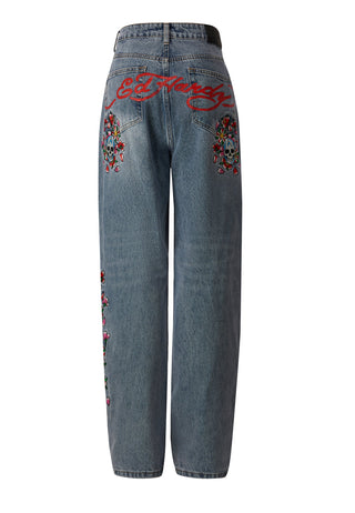 Jeans larghi con teschio e fiori da donna - Candeggina