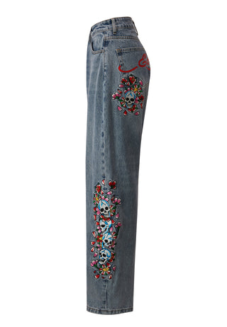 Jeans larghi con teschio e fiori da donna - Candeggina
