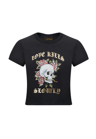 Dame Skull-Kills-Slow Cropped Baby T-Shirt - Sort