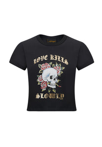 Damen Skull-Kills-Slow Kurz geschnittenes Baby-T-Shirt – Schwarz