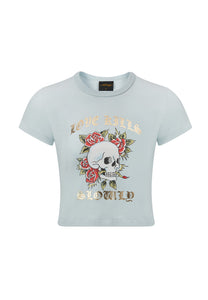 Damska koszulka dziecięca Skull-Kills-Slow o krótkim kroju - niebieska