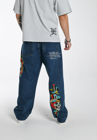 Herre Skull-Snake-Dagger Tatovering Grafisk denimbukser Jeans - Indigo