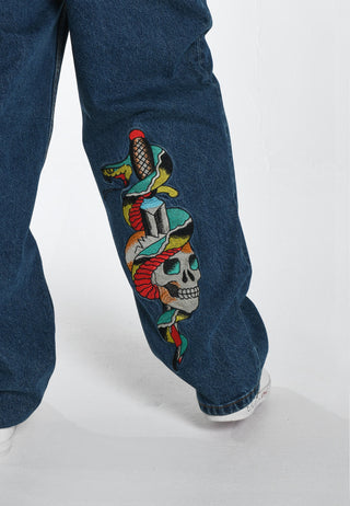 Pantaloni da uomo in denim con grafica teschio-serpente-pugnale - Indaco