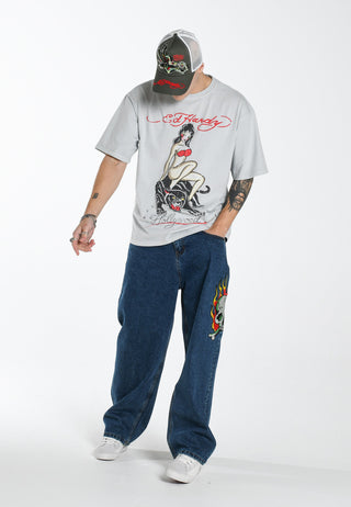 Pantalon en jean graphique Tattoo Skull-Snake-Dagger pour hommes - Indigo