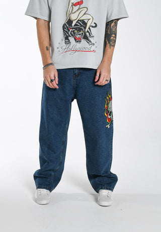 Calça jeans masculina com estampa de tatuagem Skull-Snake-Dagger - Indigo