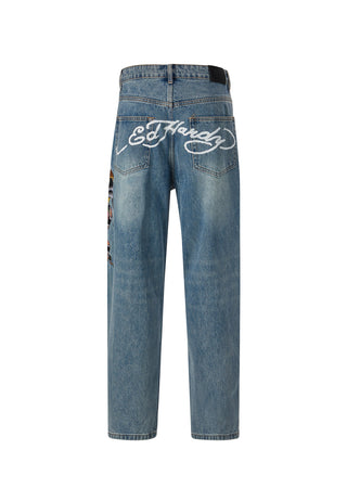 Calça jeans masculina com estampa Skull-Snake-Eagle Tattoo Baggy Jeans - Bleach