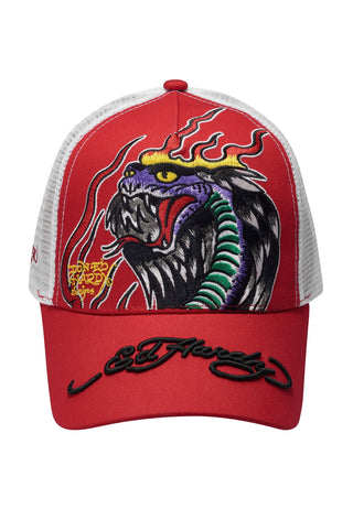 Cappellino trucker unisex in rete frontale in twill con fiamma serpente - rosso
