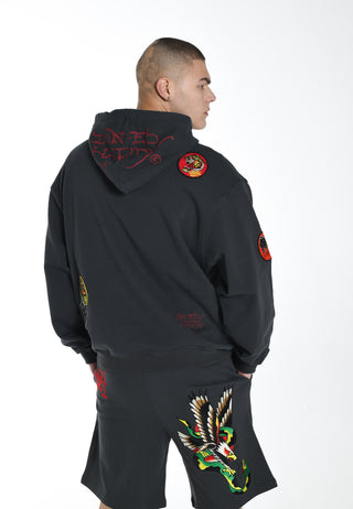 Heren hoodie met tijger-tattoo-patch - zwart