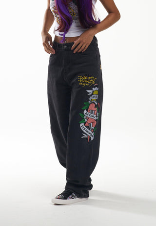 Damen-Jeans „Death Before Dishonor“ mit entspannter Passform – Schwarz