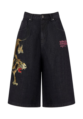 Dame Panther Crawl Relaxed Denim Jorts Shorts - Svart