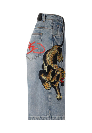 Shorts jeans femininos Panther Crawl relaxados - Bleach