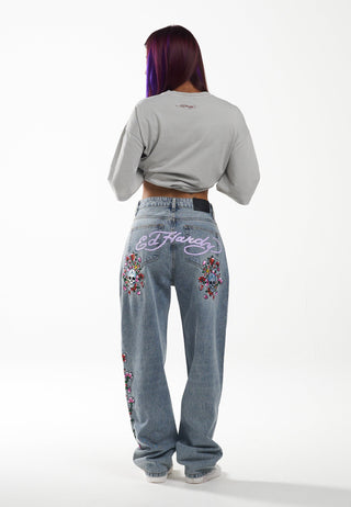 Totenkopf-Blumen-Baggy-Jeans für Damen – gebleicht