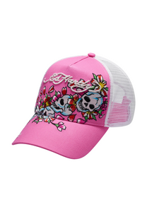 Unisex Skull-Blossom Twill Mesh Trucker Cap vorne – Pink