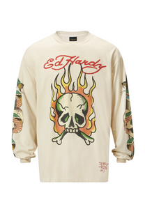 Langærmet Skull-Flame T-shirt til mænd - Ecru
